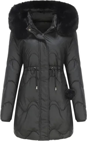 Puffer Jacket Womens Warm Winter Down Coats 2024 Long Length Quilted Maxi Puffer Solid Color Zip Jacket with Fur Hood