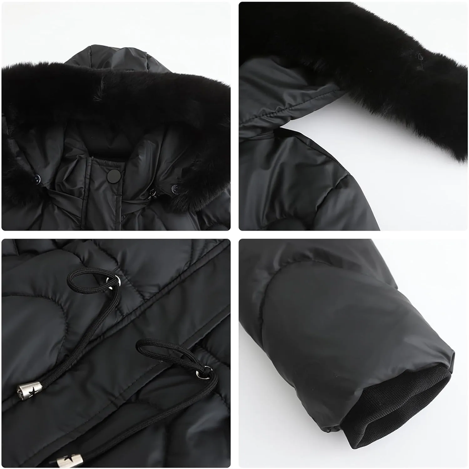 Puffer Jacket Womens Warm Winter Down Coats 2024 Long Length Quilted Maxi Puffer Solid Color Zip Jacket with Fur Hood