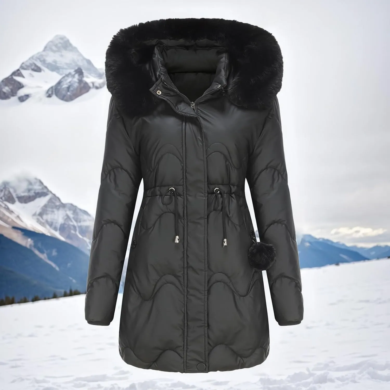 Puffer Jacket Womens Warm Winter Down Coats 2024 Long Length Quilted Maxi Puffer Solid Color Zip Jacket with Fur Hood