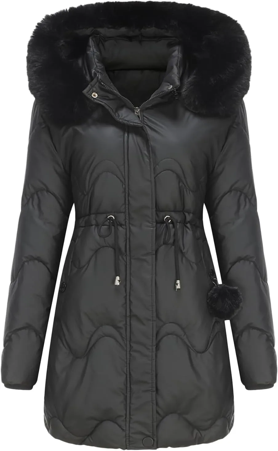 Puffer Jacket Womens Warm Winter Down Coats 2024 Long Length Quilted Maxi Puffer Solid Color Zip Jacket with Fur Hood