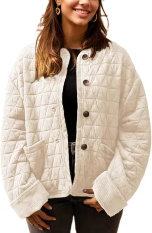 Quilted Jackets for Women Lightweight Button Down Long Sleeve Winter Padded Coat Puffer Jacket