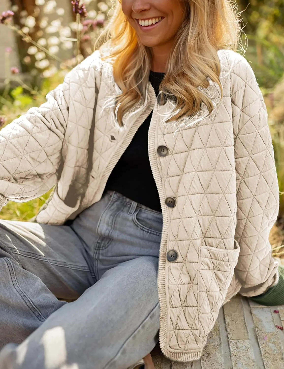 Quilted Jackets for Women Lightweight Button Down Long Sleeve Winter Padded Coat Puffer Jacket