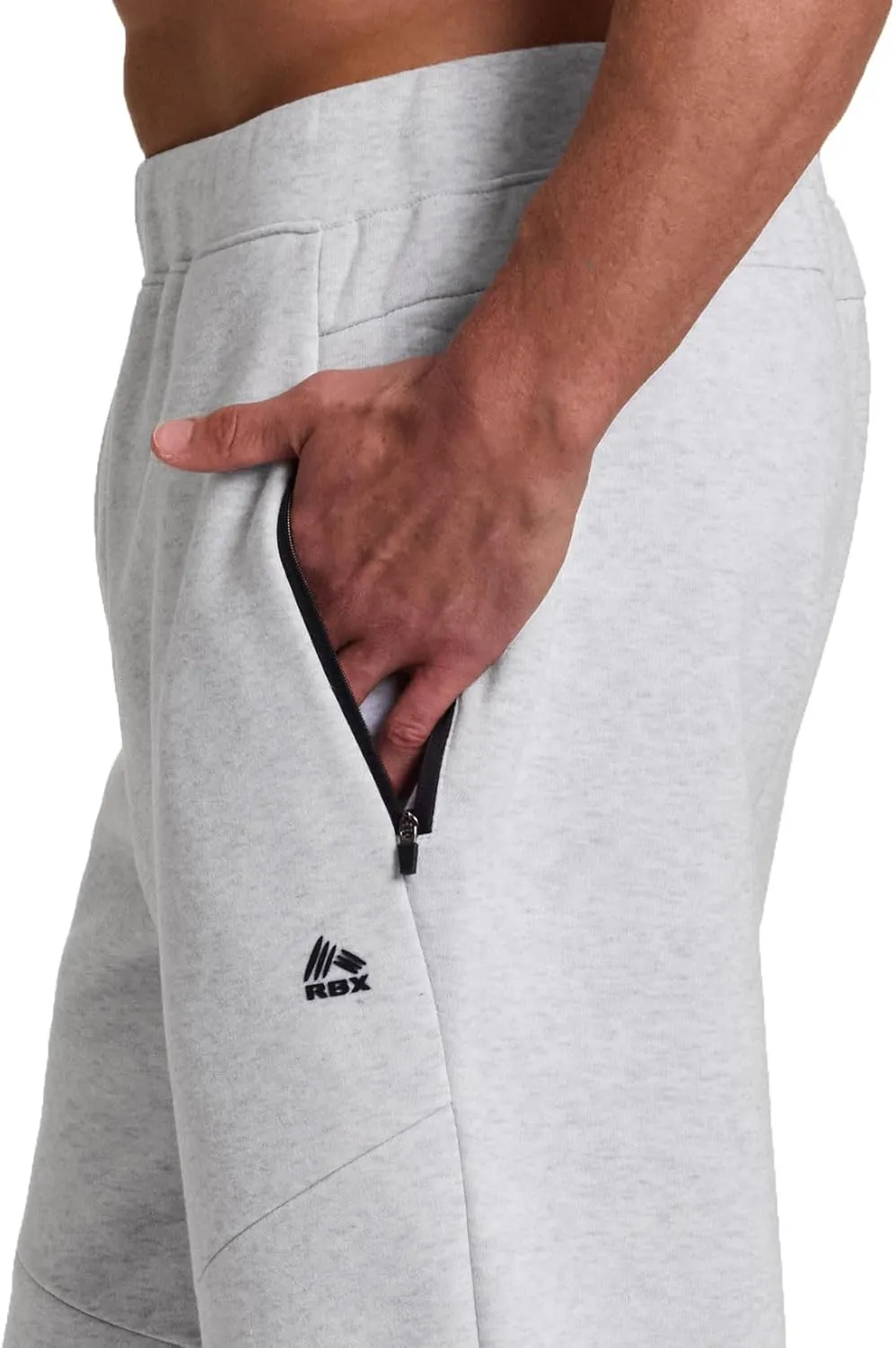 RBX Men's Black Fleece Joggers, Cotton Blend Cuffed Fleece Gym Pants with Zipper Pockets