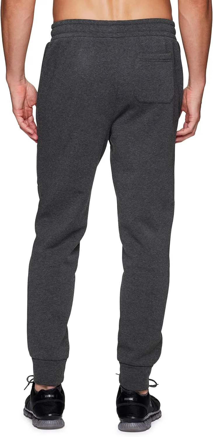 RBX Men's Black Fleece Joggers, Cotton Blend Cuffed Fleece Gym Pants with Zipper Pockets