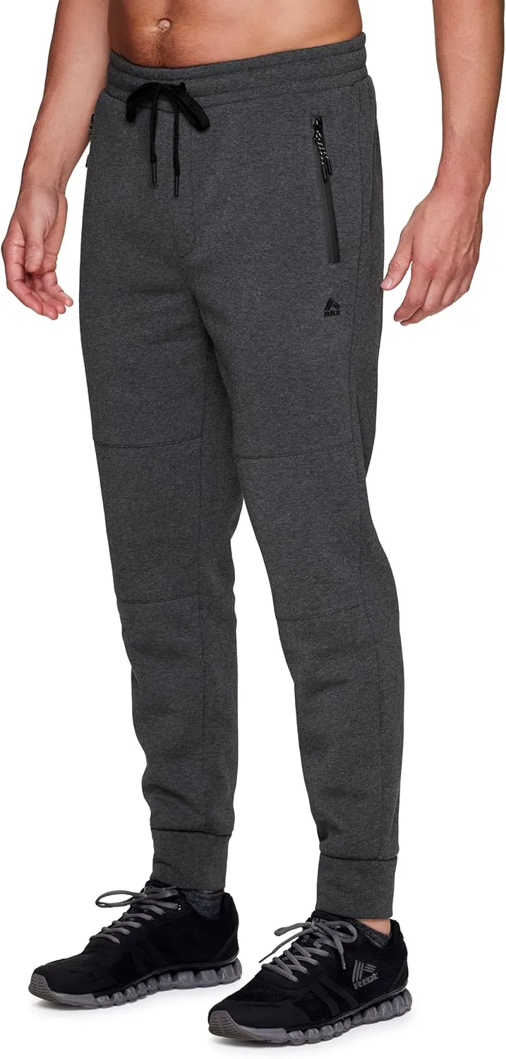 RBX Men's Black Fleece Joggers, Cotton Blend Cuffed Fleece Gym Pants with Zipper Pockets