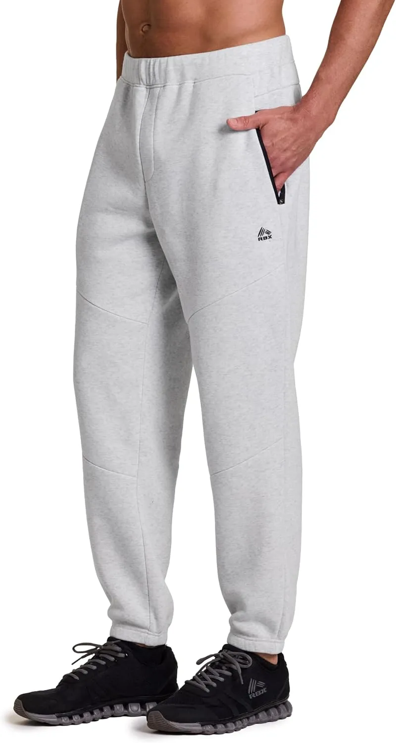 RBX Men's Black Fleece Joggers, Cotton Blend Cuffed Fleece Gym Pants with Zipper Pockets