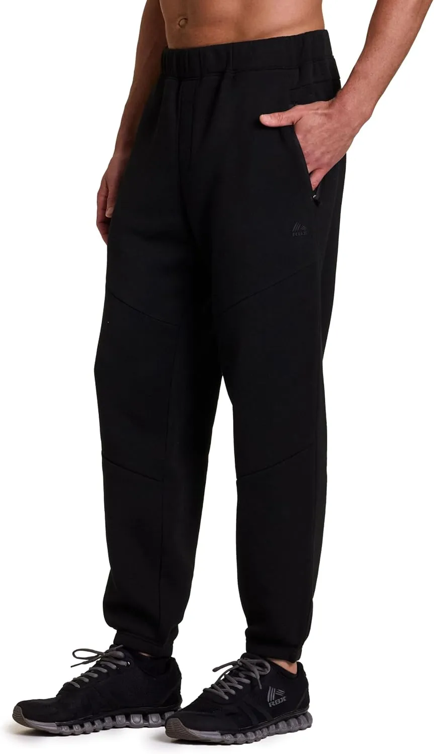 RBX Men's Black Fleece Joggers, Cotton Blend Cuffed Fleece Gym Pants with Zipper Pockets
