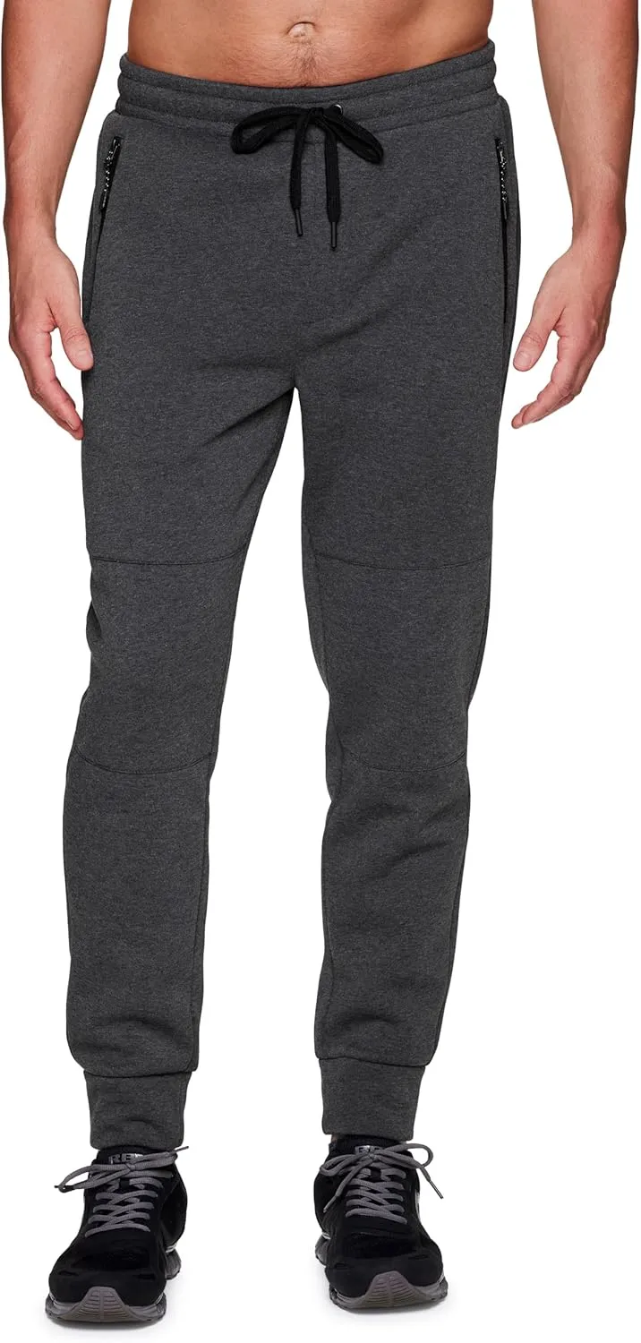 RBX Men's Black Fleece Joggers, Cotton Blend Cuffed Fleece Gym Pants with Zipper Pockets