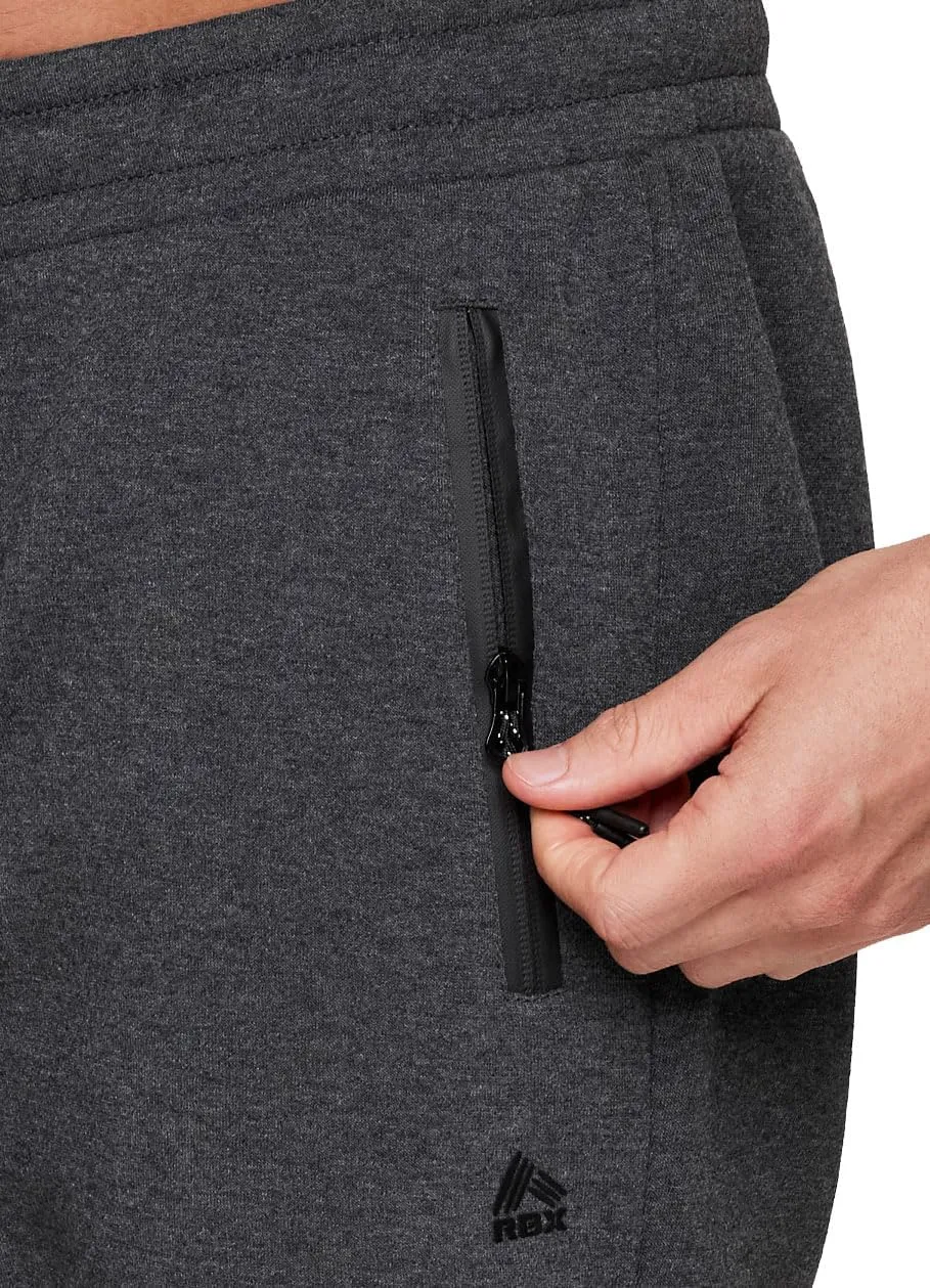 RBX Men's Black Fleece Joggers, Cotton Blend Cuffed Fleece Gym Pants with Zipper Pockets
