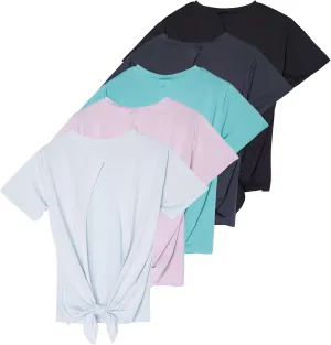 Real Essentials 5 Pack: Women's Short Sleeve Open Back Tie Back Dry-Fit T-Shirt Yoga Gym Workout Top