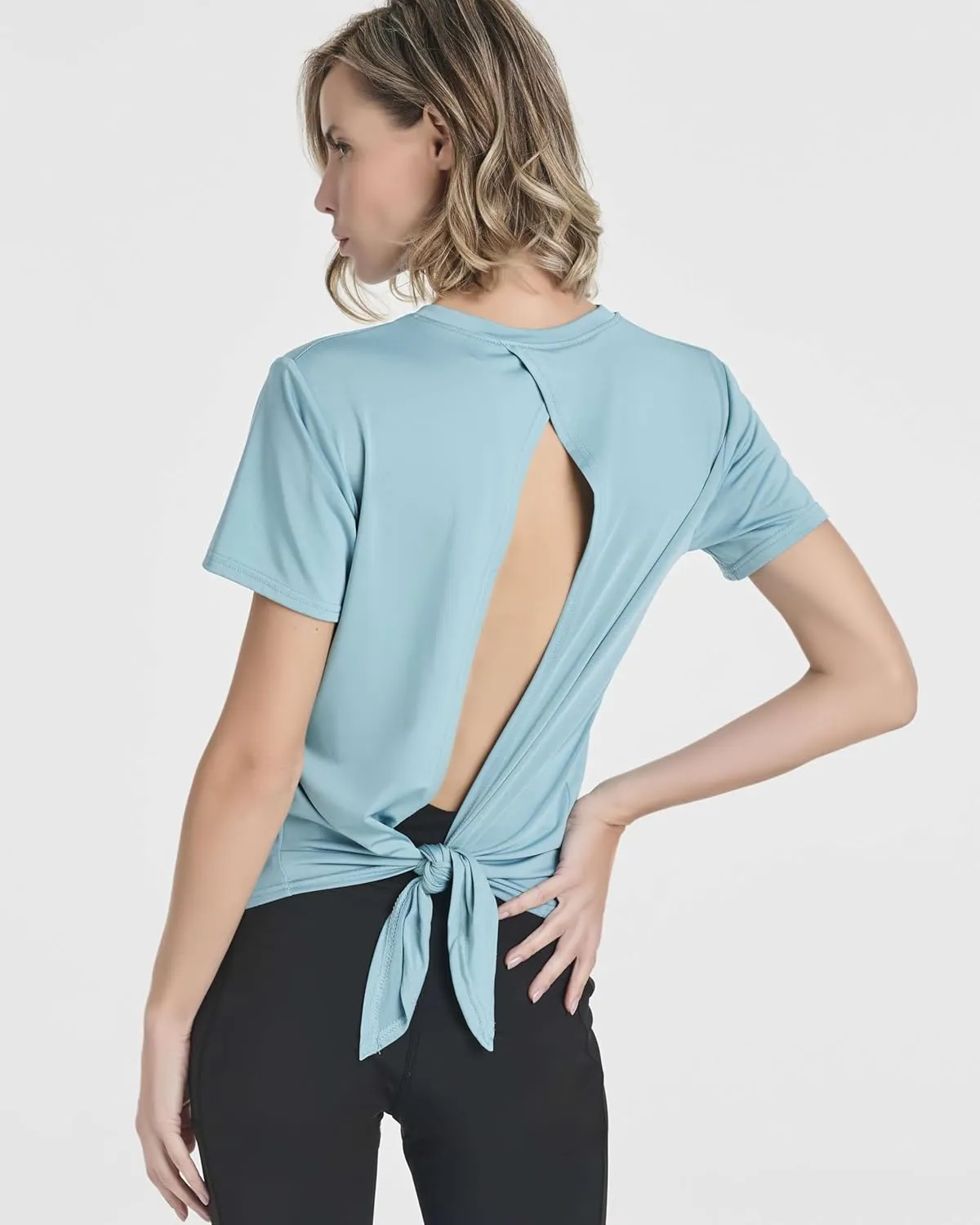 Real Essentials 5 Pack: Women's Short Sleeve Open Back Tie Back Dry-Fit T-Shirt Yoga Gym Workout Top