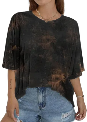 Remidoo Womens Oversized Cropped Tee High Low T Shirt Batwing Short Sleeve Top