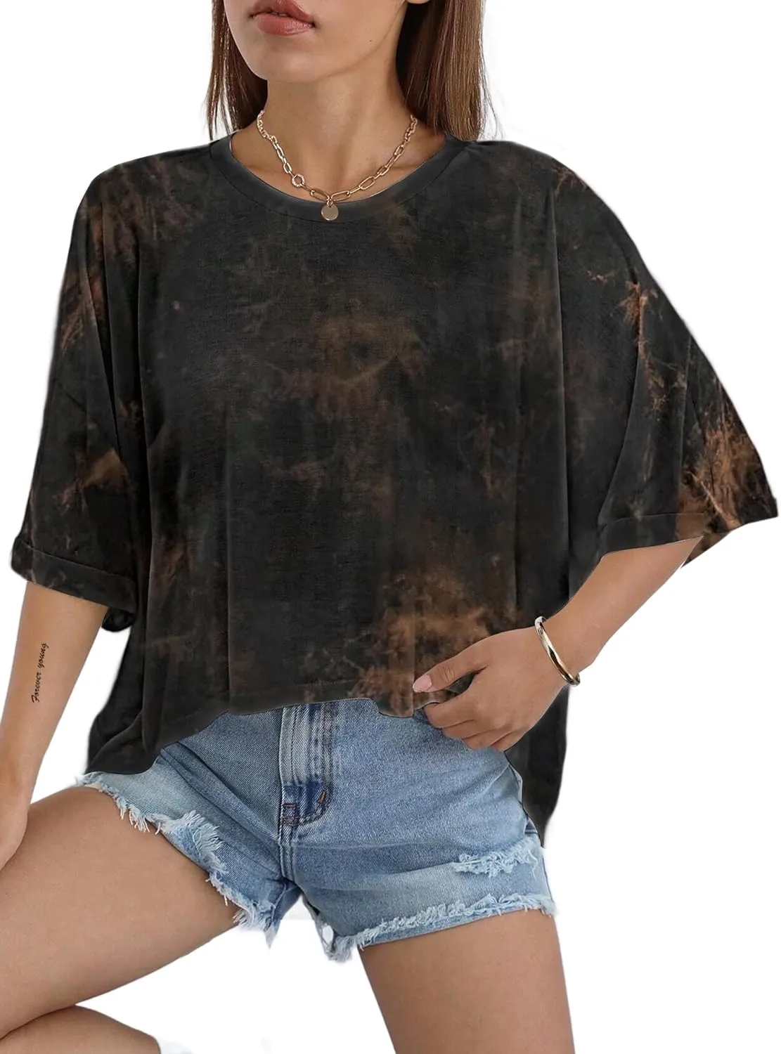 Remidoo Womens Oversized Cropped Tee High Low T Shirt Batwing Short Sleeve Top