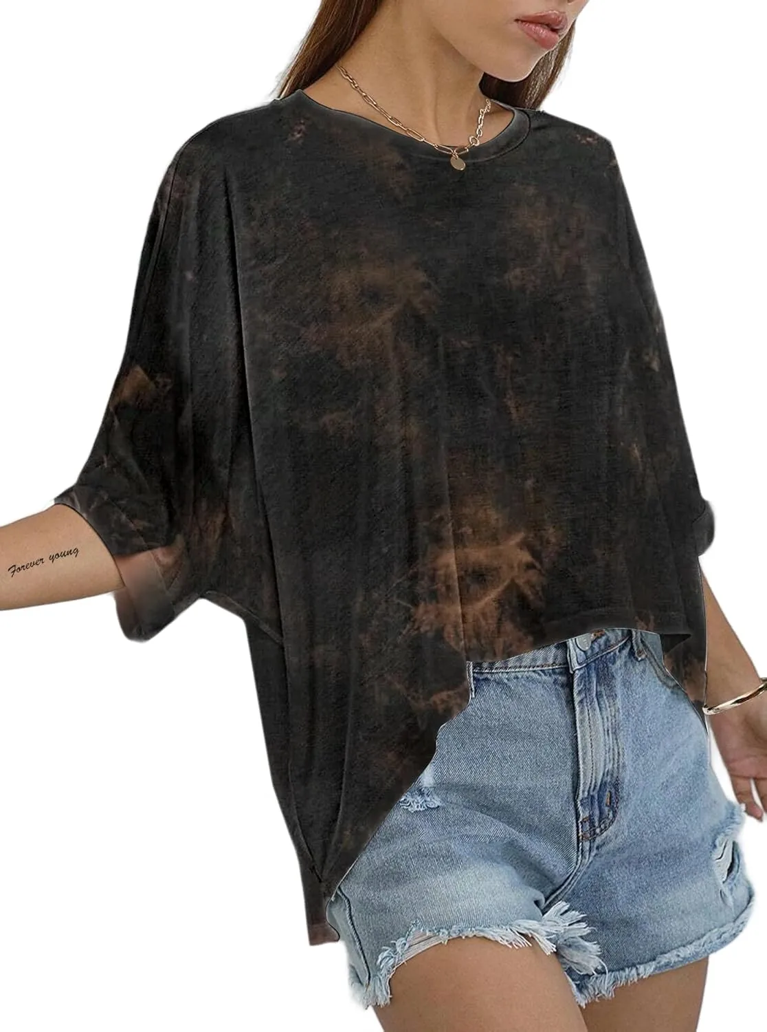 Remidoo Womens Oversized Cropped Tee High Low T Shirt Batwing Short Sleeve Top