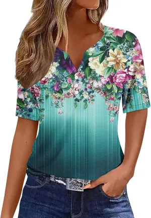 Retro Floral Shirts for Women Henley V Neck Button Down Shirt Trendy Sexy Slim Tunic Blouses Loose Casual Tops