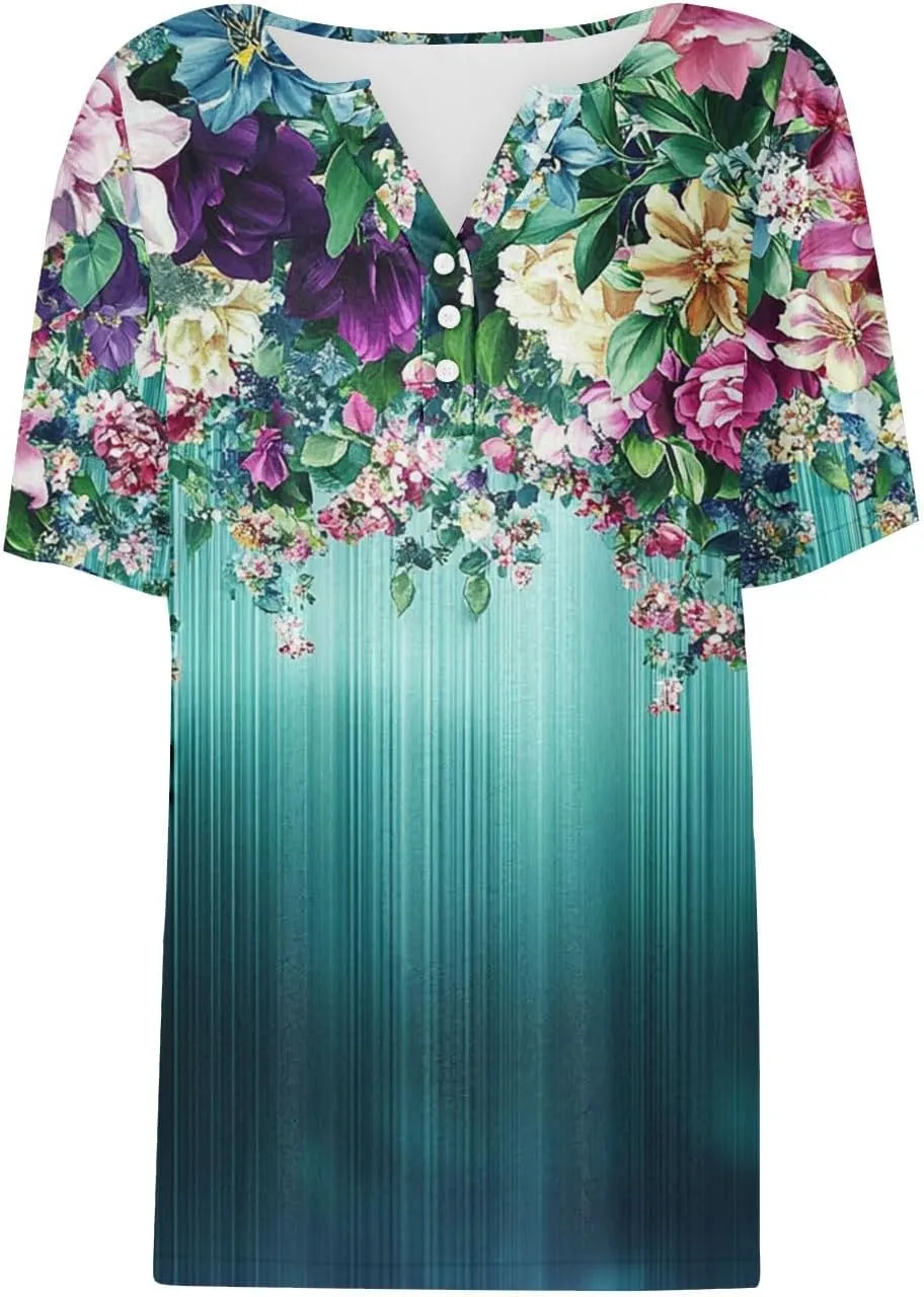 Retro Floral Shirts for Women Henley V Neck Button Down Shirt Trendy Sexy Slim Tunic Blouses Loose Casual Tops