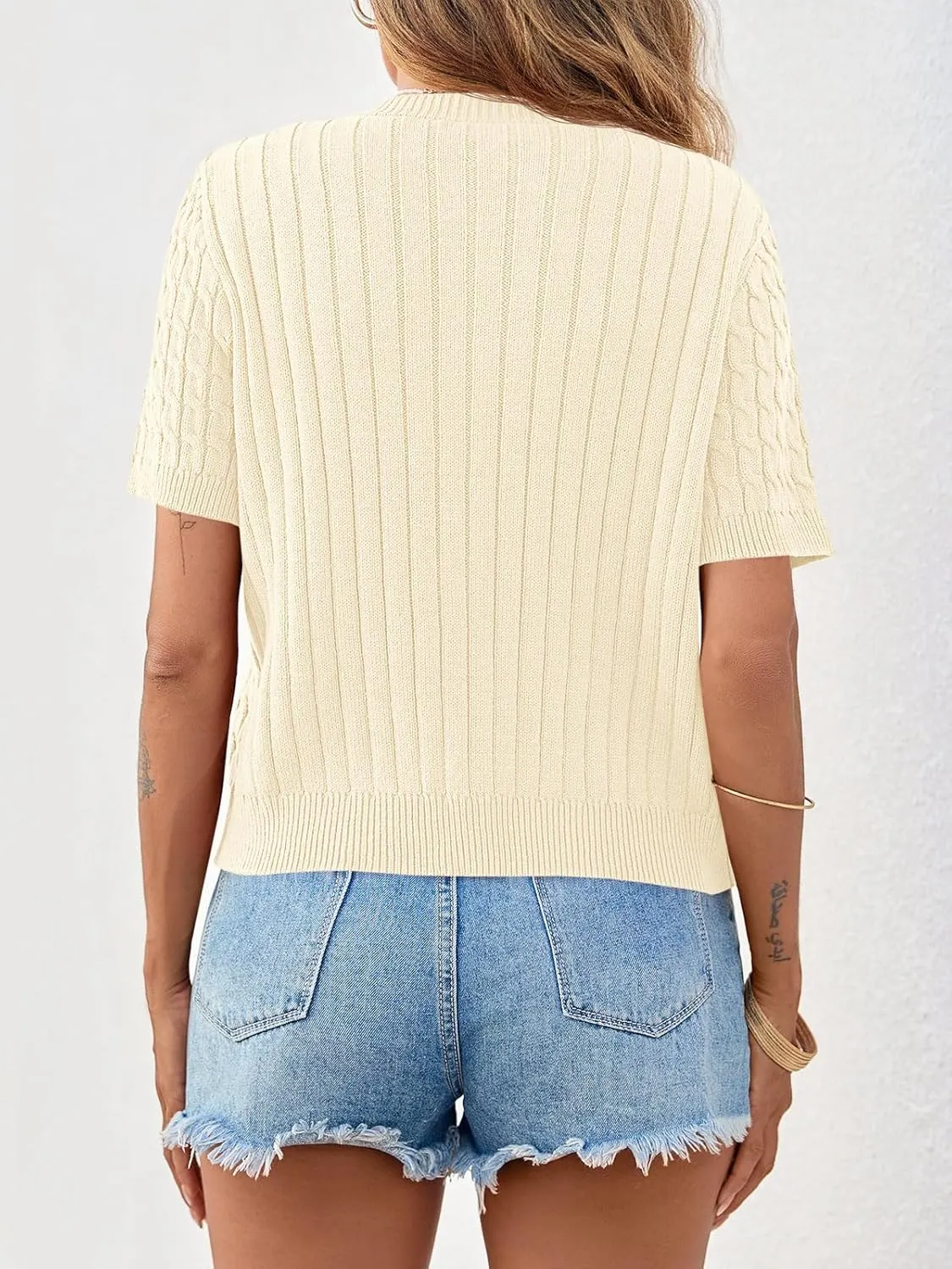 Saodimallsu Womens Summer Short Sleeve Cardigans Cable Knit Cropped Button Down Crewneck Lightweight Sweater Tops