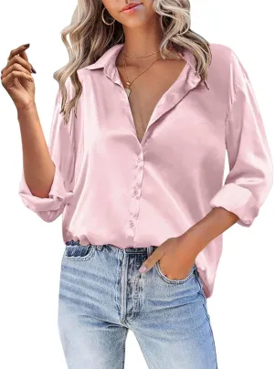 Satin Blouses for Women Dressy Silk Lapel Button Down Long Sleeve Shirts Casual Loose Solid Color Office Work Shirt