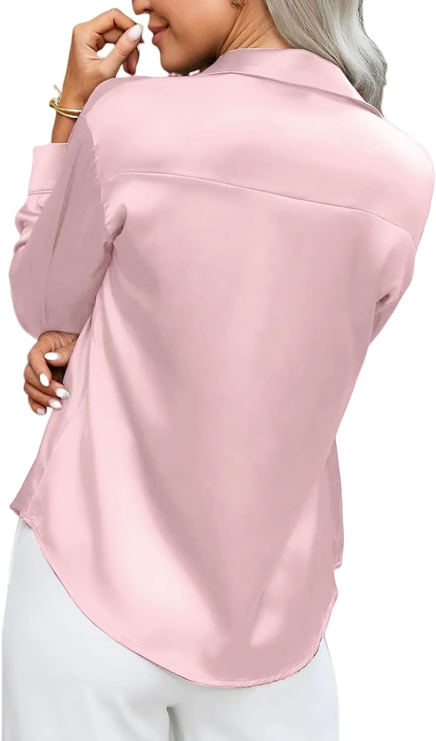 Satin Blouses for Women Dressy Silk Lapel Button Down Long Sleeve Shirts Casual Loose Solid Color Office Work Shirt