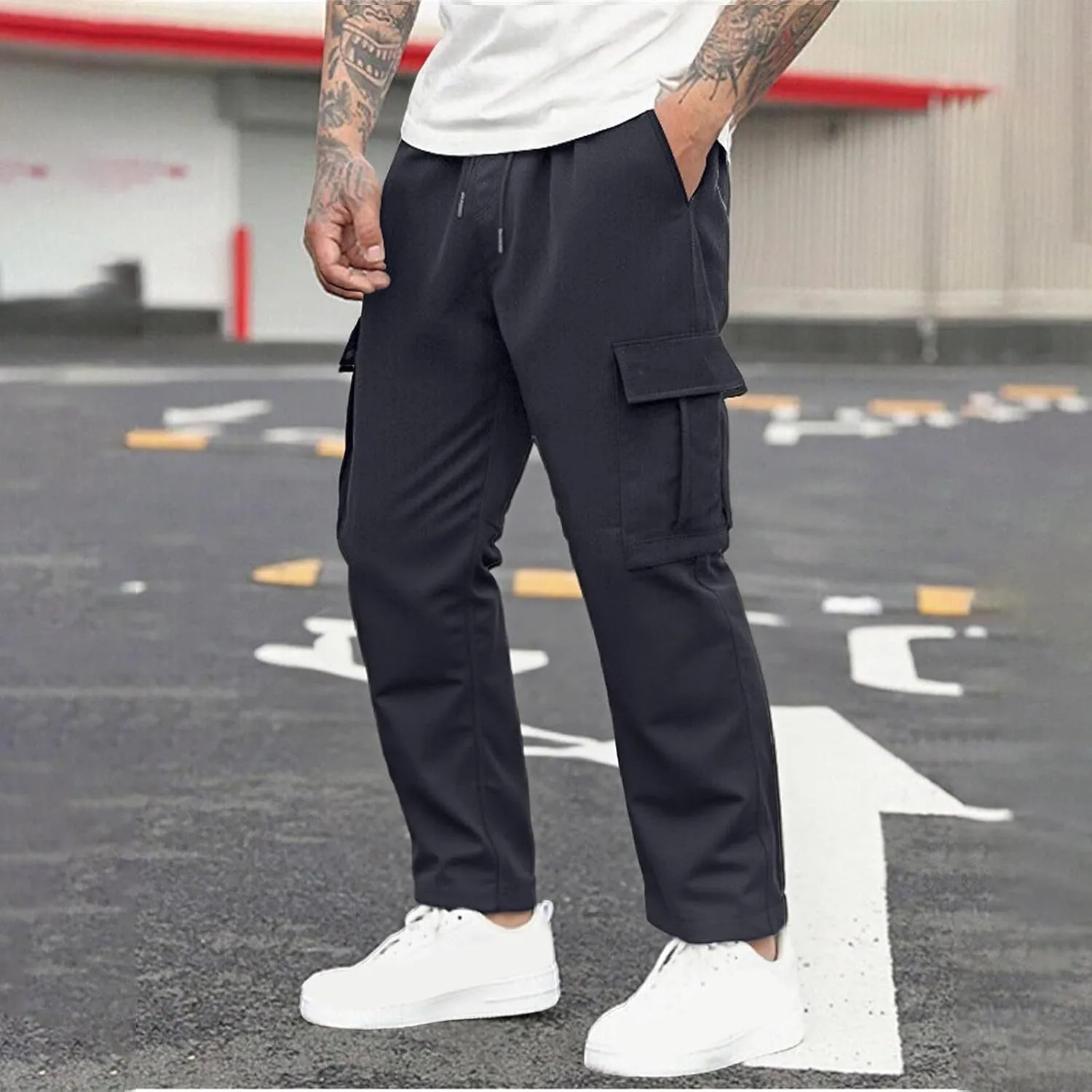 Sinzelimin Men's Cargo Pants Fashion Solid Color Multiple Pockets Lace up Elastic Waist Loose Comfy Work Trouser Sweatpant