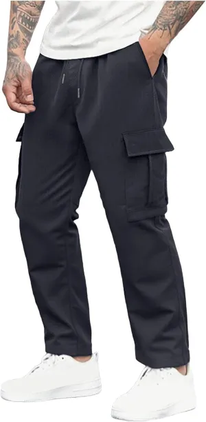 Sinzelimin Men's Cargo Pants Fashion Solid Color Multiple Pockets Lace up Elastic Waist Loose Comfy Work Trouser Sweatpant