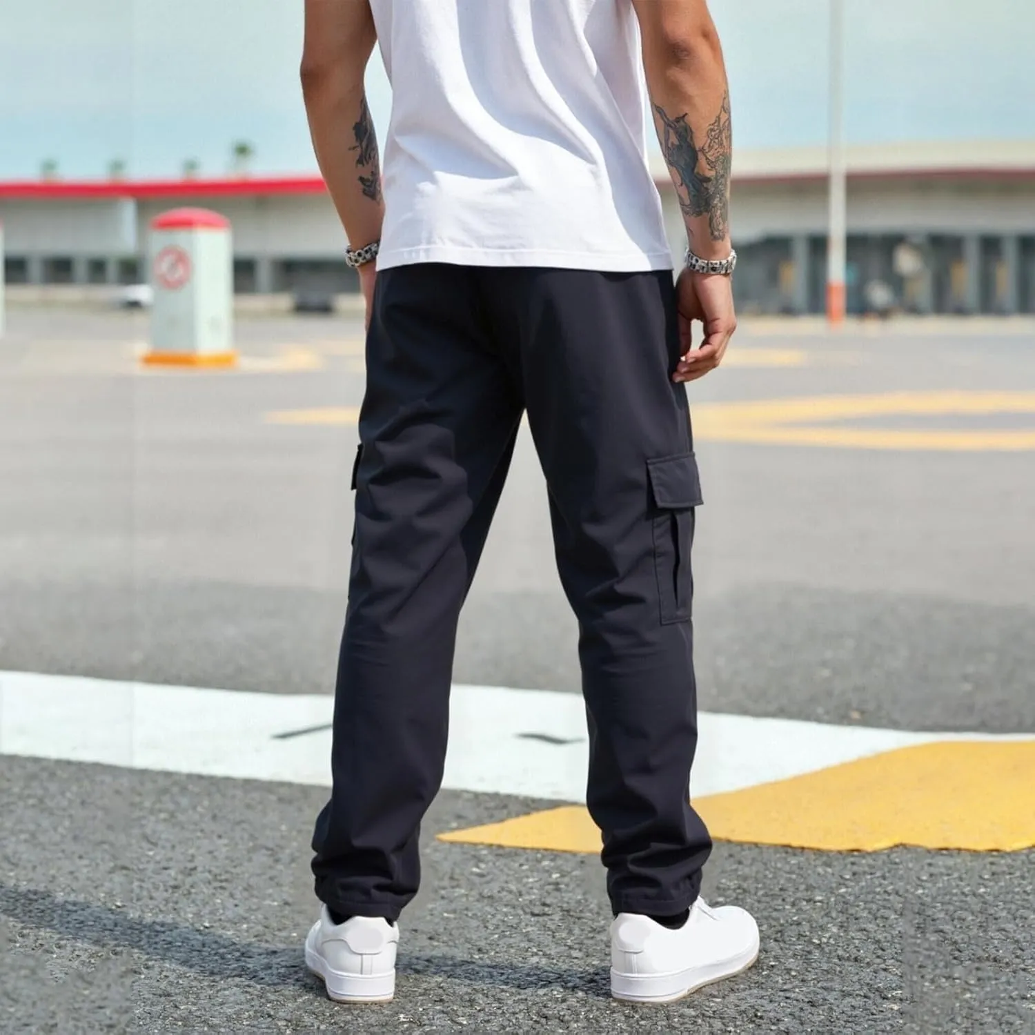 Sinzelimin Men's Cargo Pants Fashion Solid Color Multiple Pockets Lace up Elastic Waist Loose Comfy Work Trouser Sweatpant