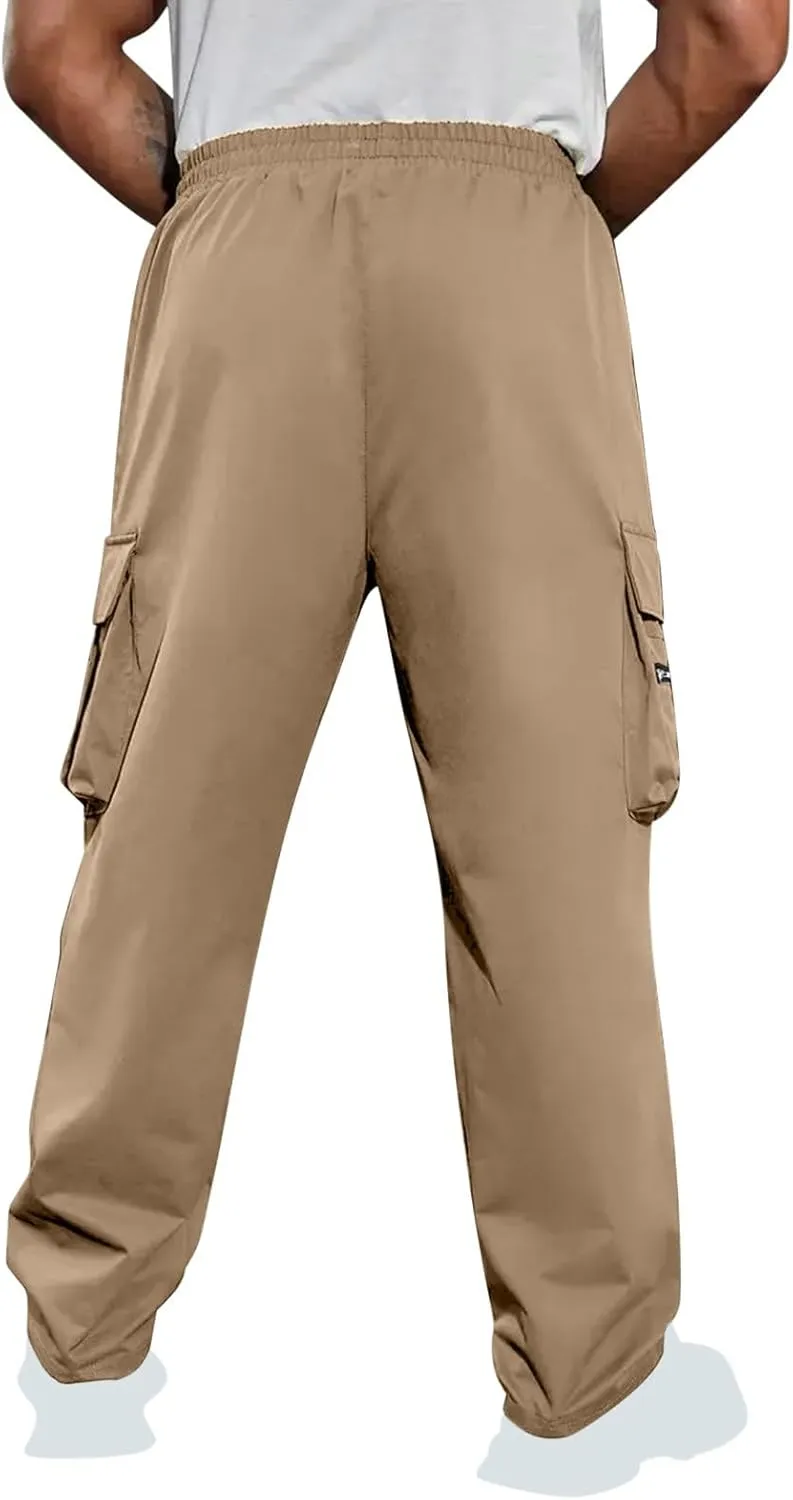 Sinzelimin Men's Cargo Pants Fashion Solid Color Multiple Pockets Loose Comfy Casual Work Trousers Wide Leg Sweatpant