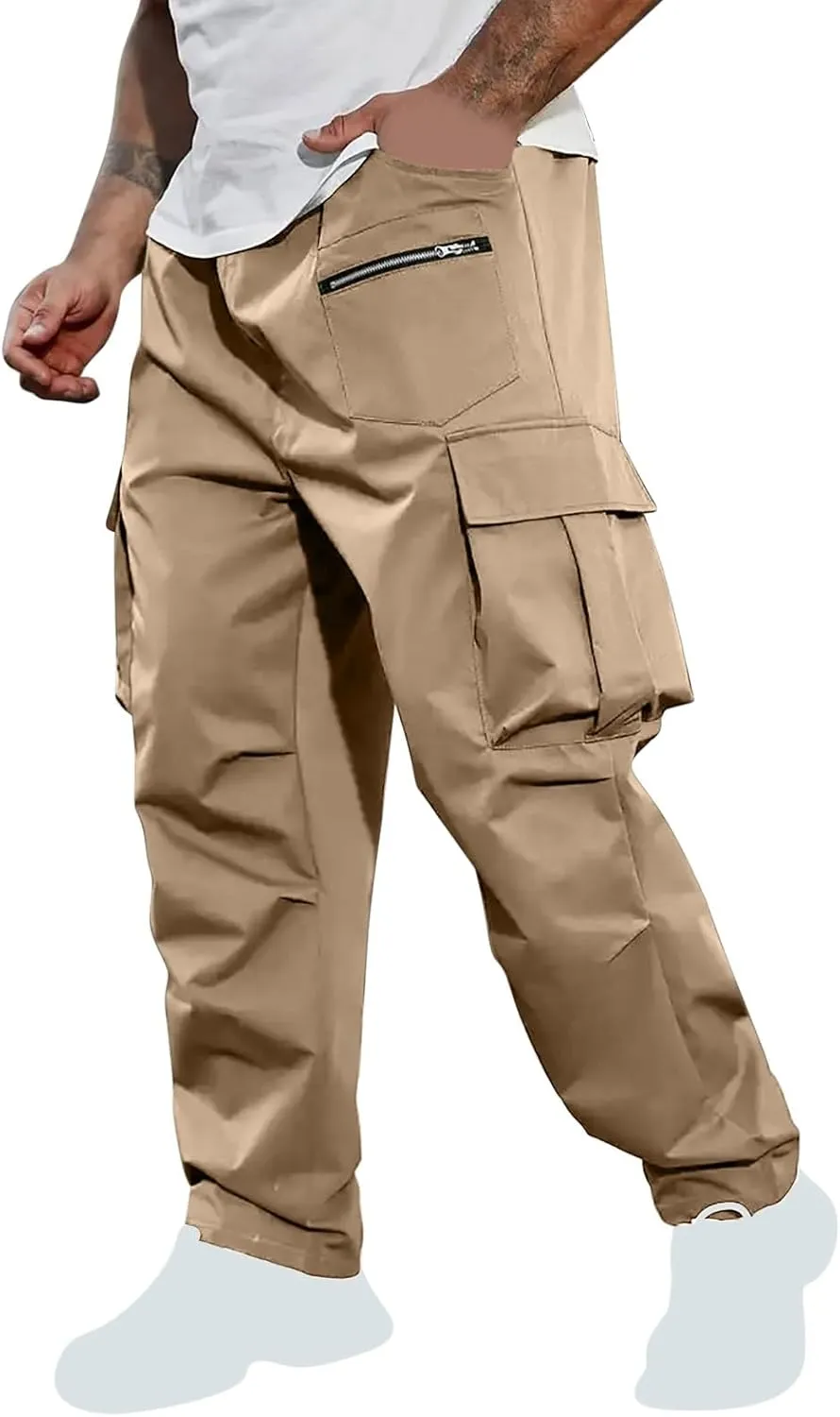 Sinzelimin Men's Cargo Pants Fashion Solid Color Multiple Pockets Loose Comfy Casual Work Trousers Wide Leg Sweatpant