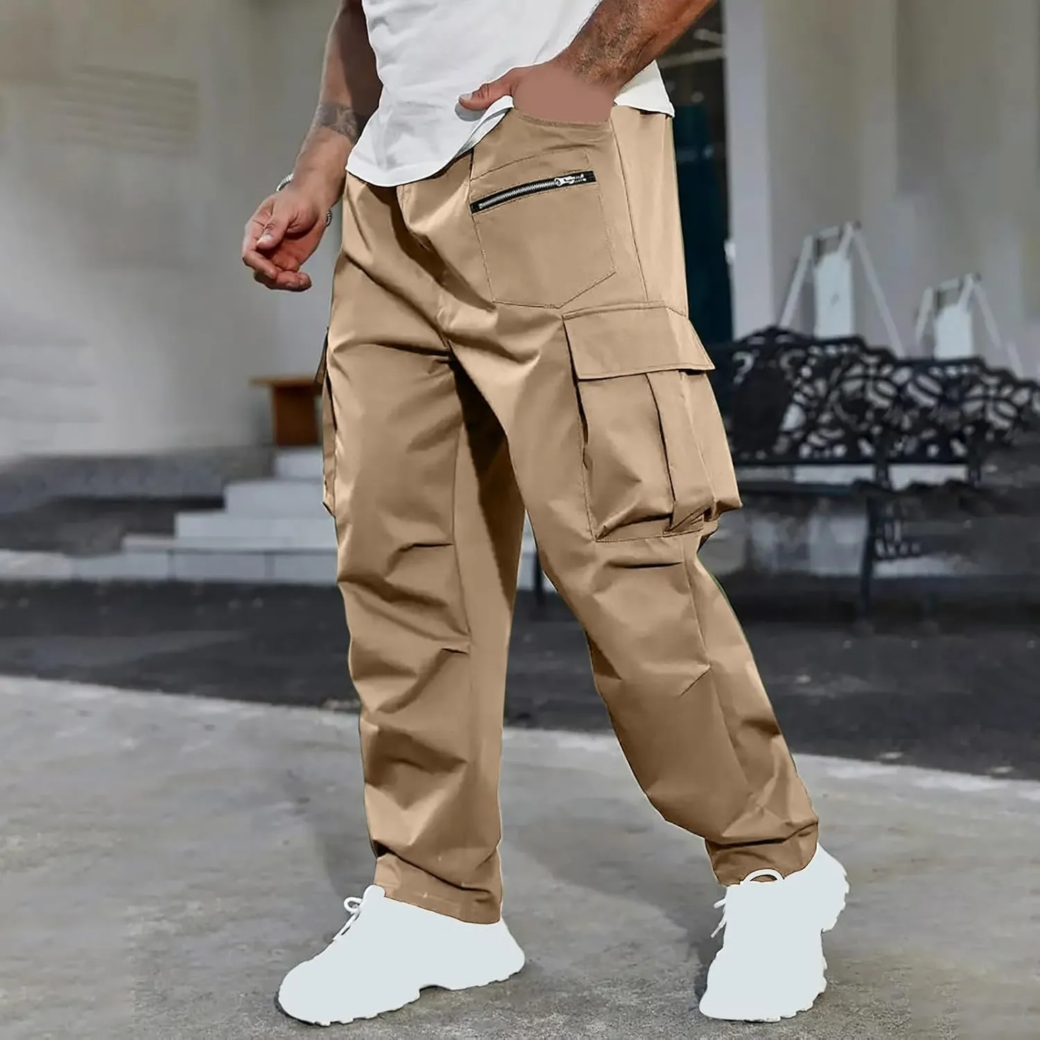 Sinzelimin Men's Cargo Pants Fashion Solid Color Multiple Pockets Loose Comfy Casual Work Trousers Wide Leg Sweatpant