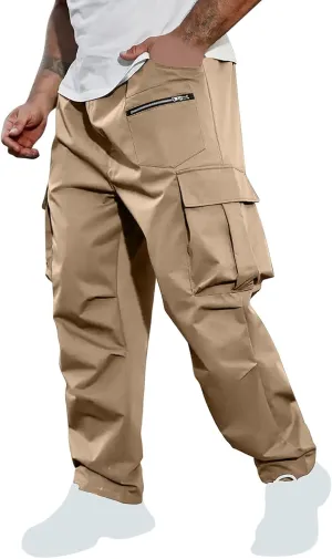 Sinzelimin Men's Cargo Pants Fashion Solid Color Multiple Pockets Loose Comfy Casual Work Trousers Wide Leg Sweatpant