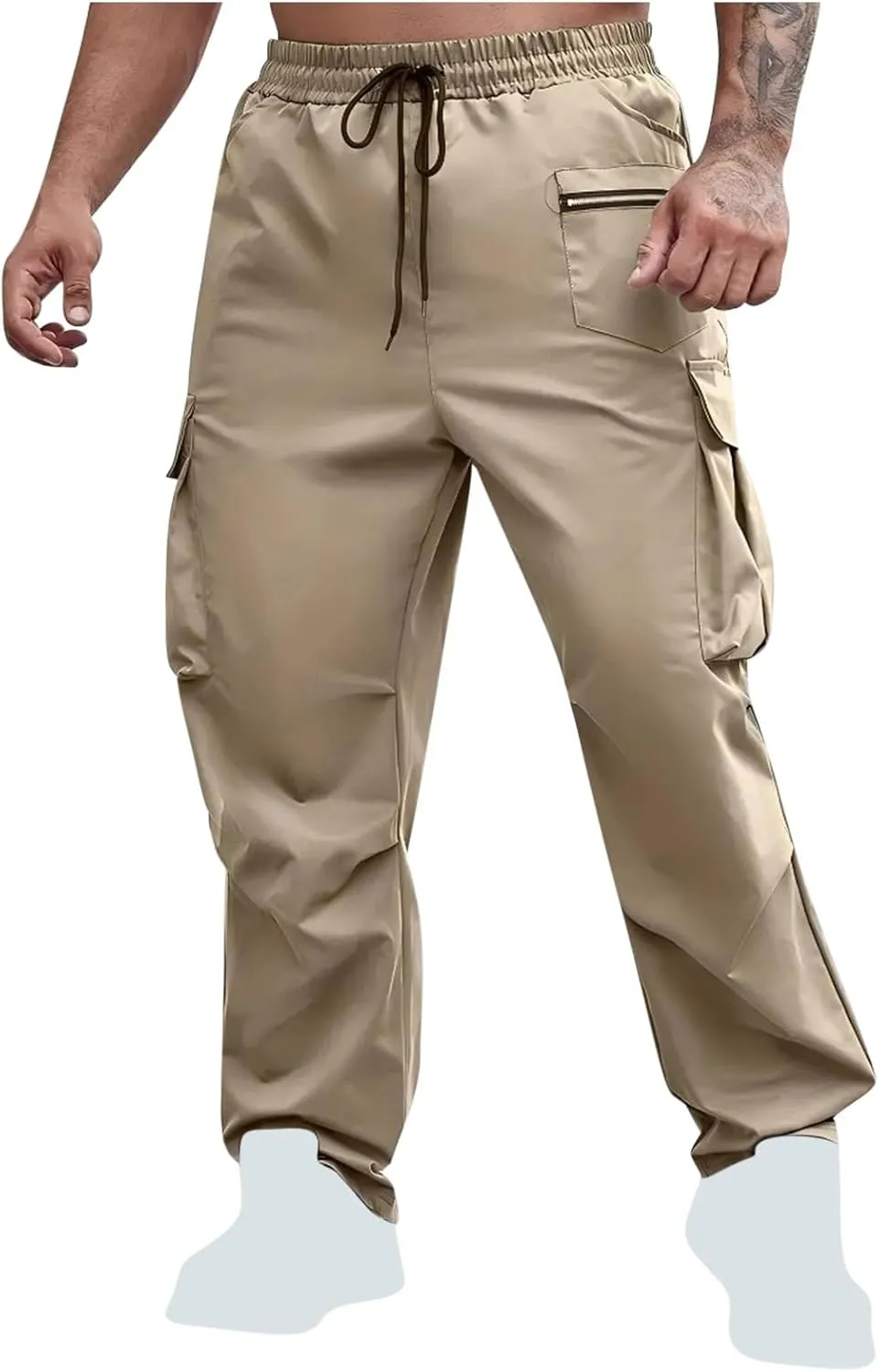Sinzelimin Men's Cargo Pants Fashion Solid Color Multiple Pockets Loose Comfy Casual Work Trousers Wide Leg Sweatpant