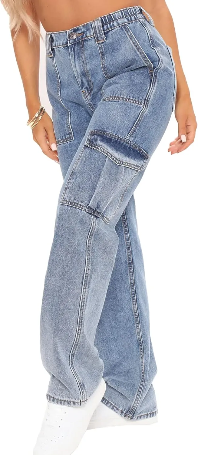 SOMTHRON Women's High Waist Washed Jeans Baggy Straight Leg Casual Loose Denim Pants Trousers Vintage Streetwear