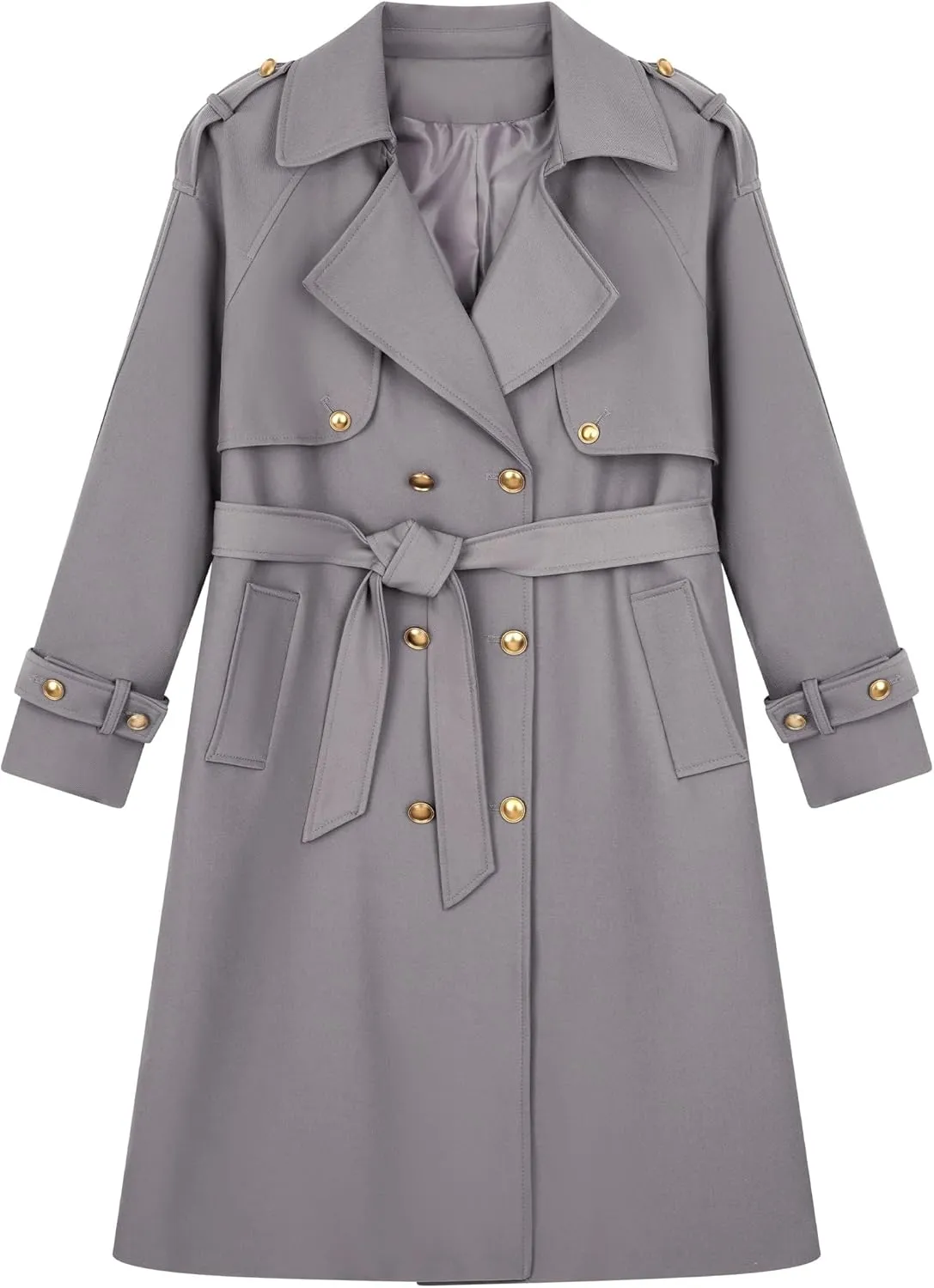 Spring Women's Trench Coat Mid Long, Double Breasted, 43 In. Long, Gold Buttons, Belted, Outerwear, Casual fashion