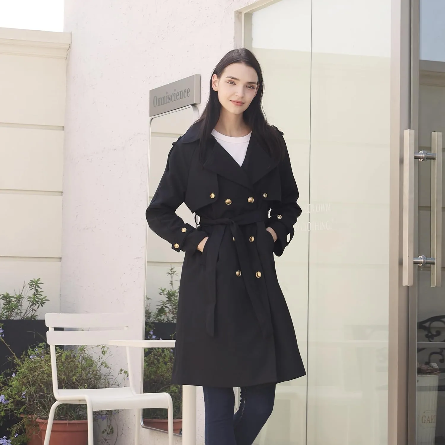 Spring Women's Trench Coat Mid Long, Double Breasted, 43 In. Long, Gold Buttons, Belted, Outerwear, Casual fashion