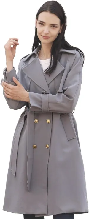 Spring Women's Trench Coat Mid Long, Double Breasted, 43 In. Long, Gold Buttons, Belted, Outerwear, Casual fashion