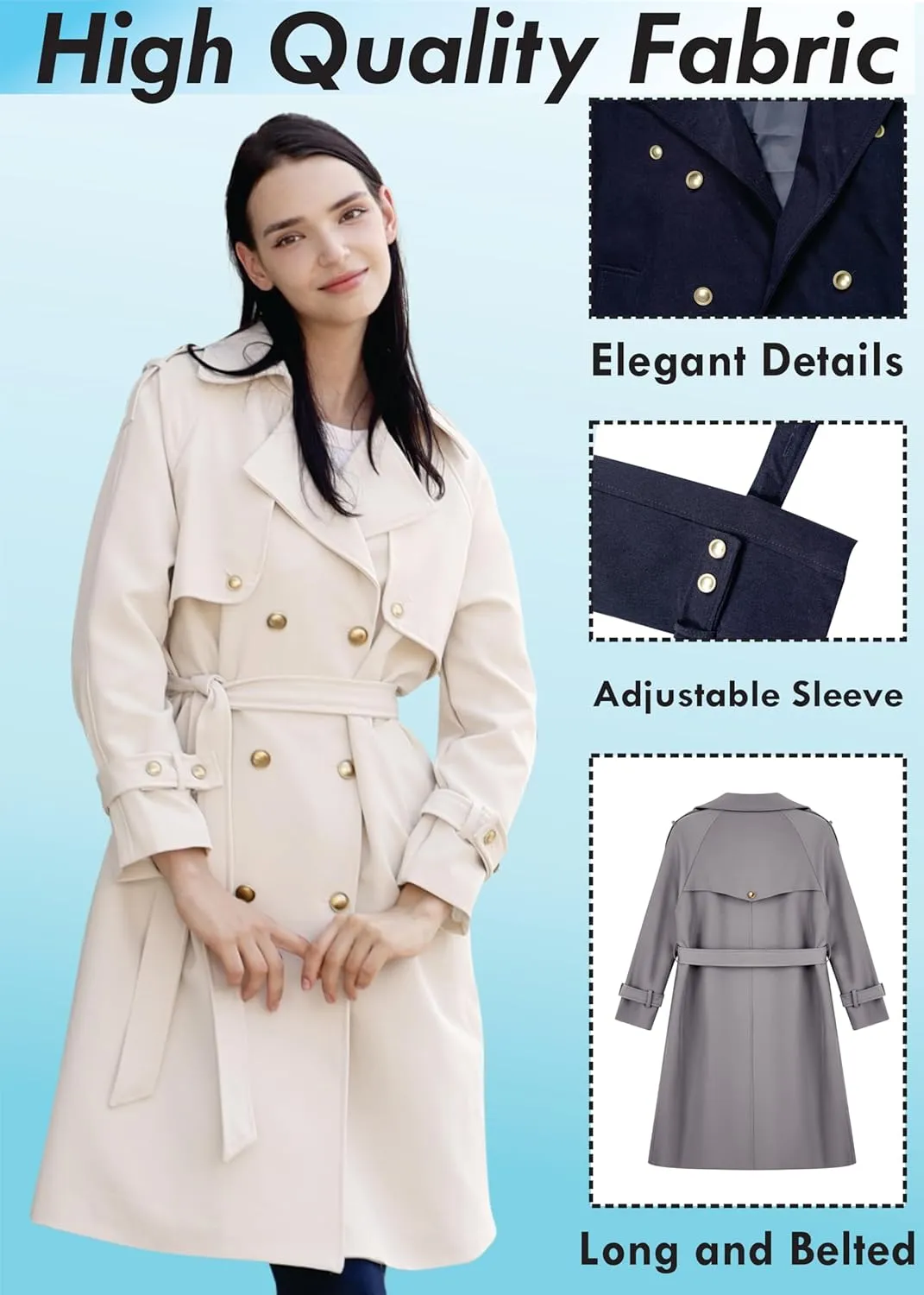 Spring Women's Trench Coat Mid Long, Double Breasted, 43 In. Long, Gold Buttons, Belted, Outerwear, Casual fashion