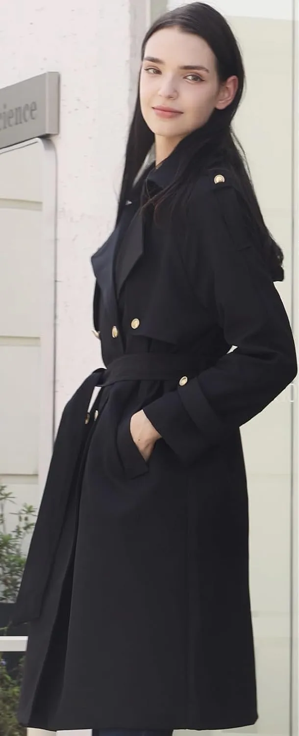 Spring Women's Trench Coat Mid Long, Double Breasted, 43 In. Long, Gold Buttons, Belted, Outerwear, Casual fashion