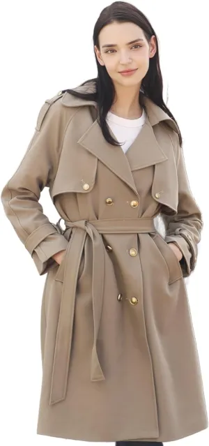 Spring Women's Trench Coat Mid Long, Double Breasted, 43 In. Long, Gold Buttons, Belted, Outerwear, Casual fashion