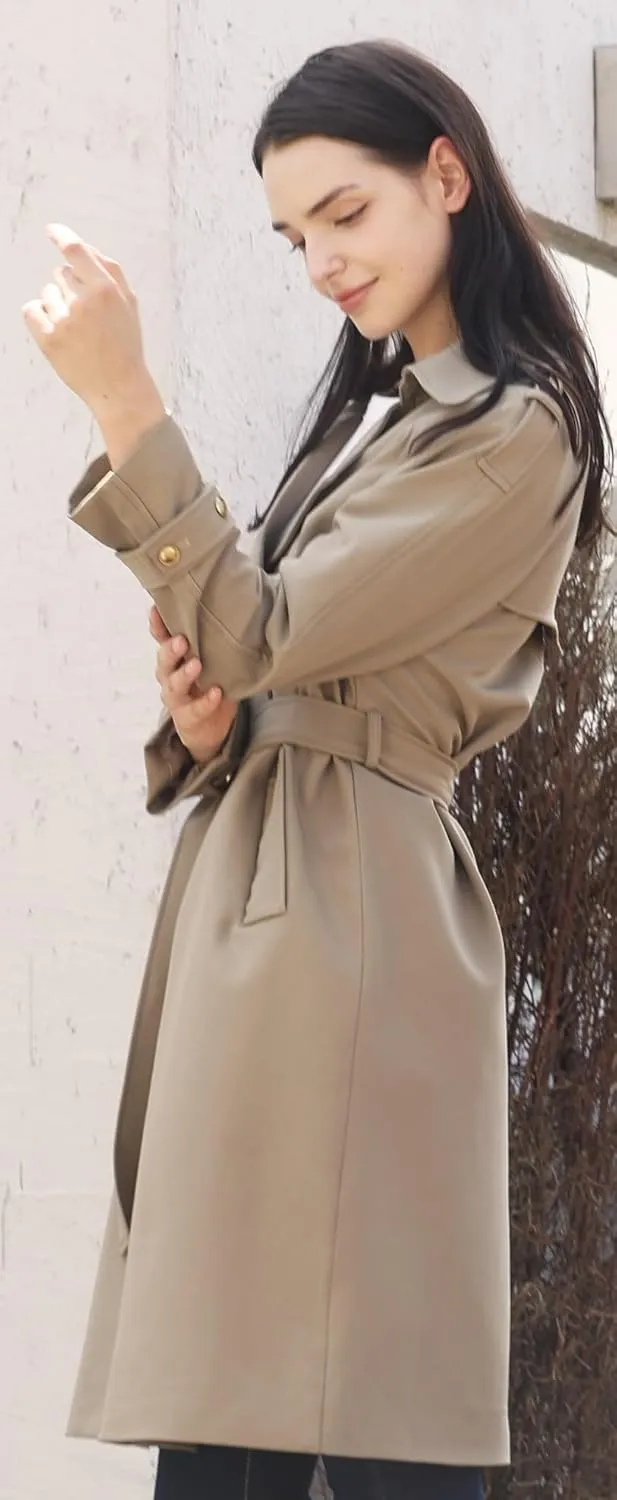 Spring Women's Trench Coat Mid Long, Double Breasted, 43 In. Long, Gold Buttons, Belted, Outerwear, Casual fashion