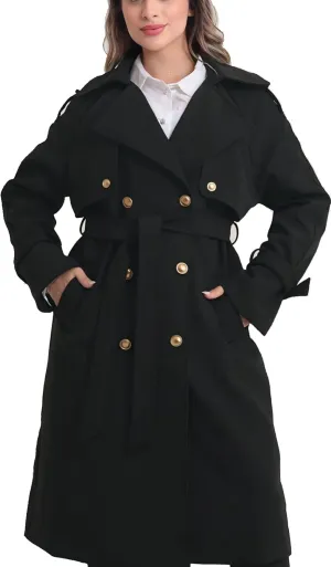 Spring Women's Trench Coat Mid Long, Double Breasted, 43 In. Long, Gold Buttons, Belted, Outerwear, Casual fashion