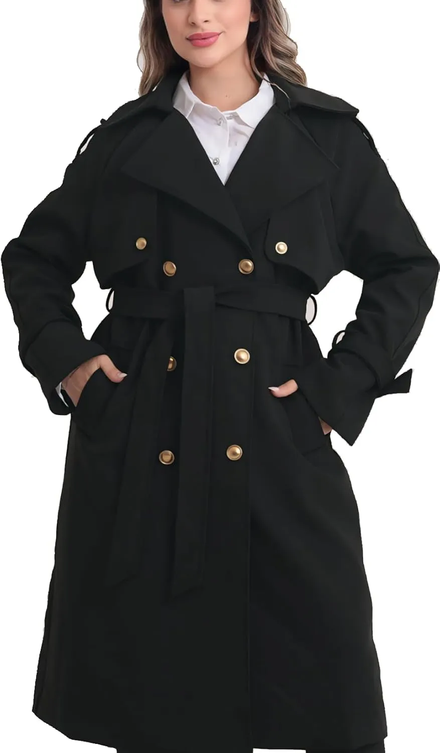 Spring Women's Trench Coat Mid Long, Double Breasted, 43 In. Long, Gold Buttons, Belted, Outerwear, Casual fashion