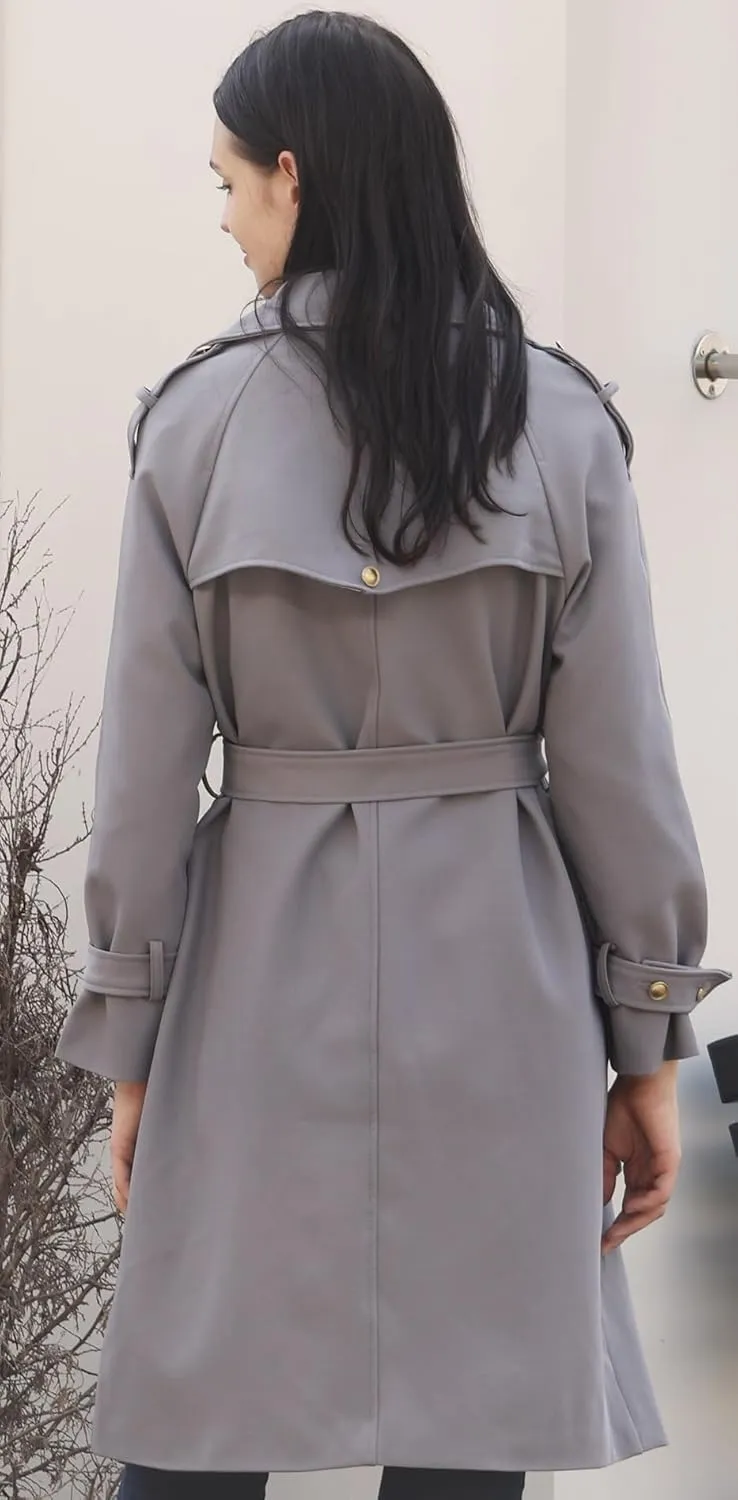 Spring Women's Trench Coat Mid Long, Double Breasted, 43 In. Long, Gold Buttons, Belted, Outerwear, Casual fashion