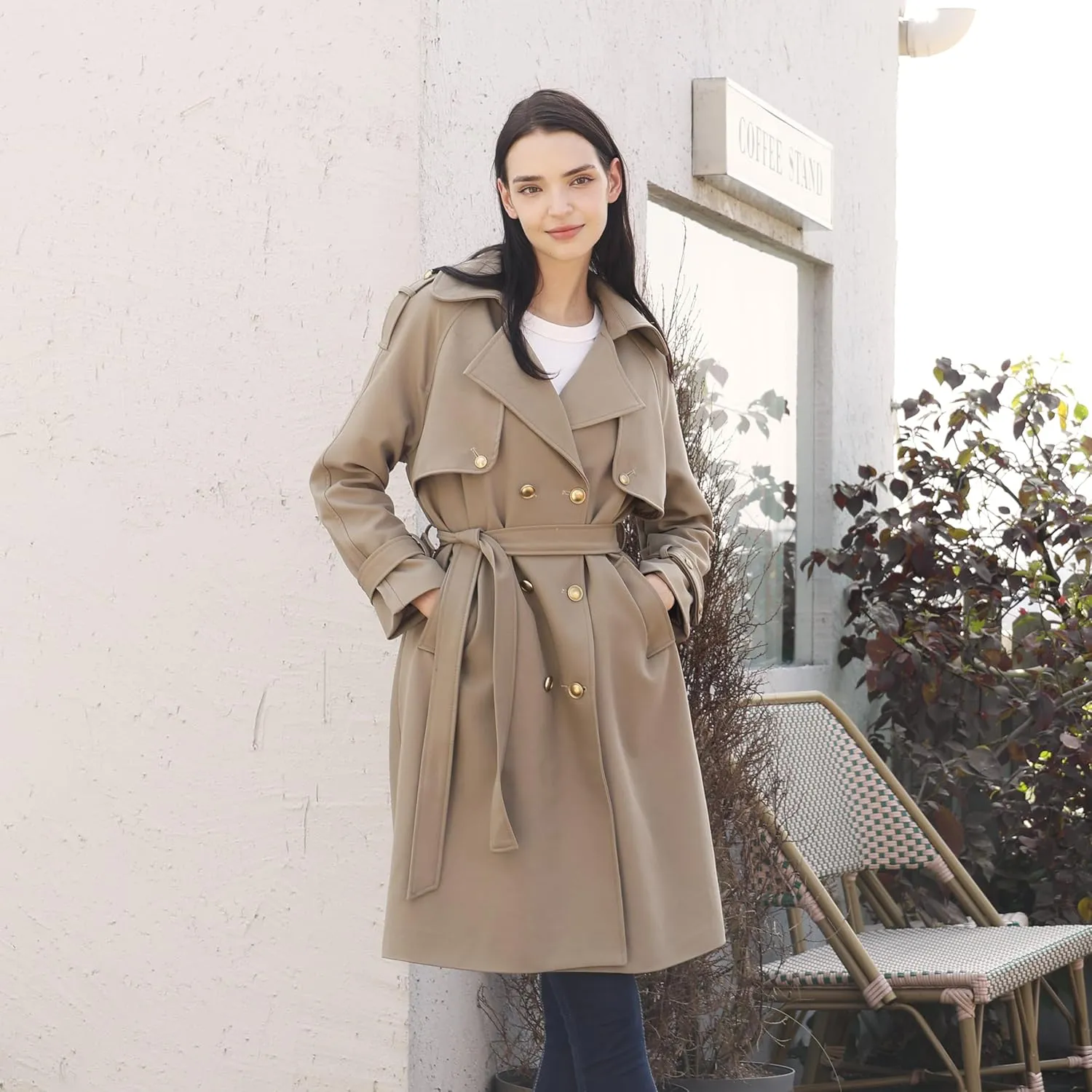 Spring Women's Trench Coat Mid Long, Double Breasted, 43 In. Long, Gold Buttons, Belted, Outerwear, Casual fashion