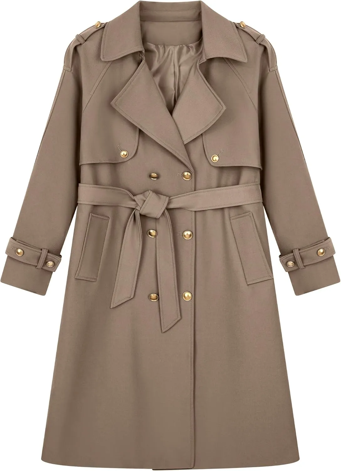 Spring Women's Trench Coat Mid Long, Double Breasted, 43 In. Long, Gold Buttons, Belted, Outerwear, Casual fashion