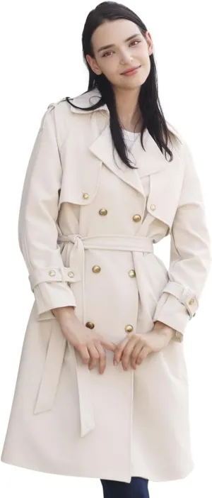 Spring Women's Trench Coat Mid Long, Double Breasted, 43 In. Long, Gold Buttons, Belted, Outerwear, Casual fashion