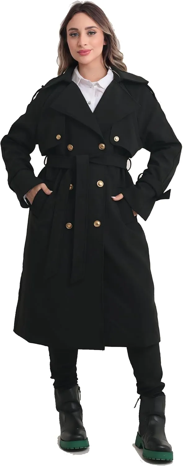 Spring Women's Trench Coat Mid Long, Double Breasted, 43 In. Long, Gold Buttons, Belted, Outerwear, Casual fashion
