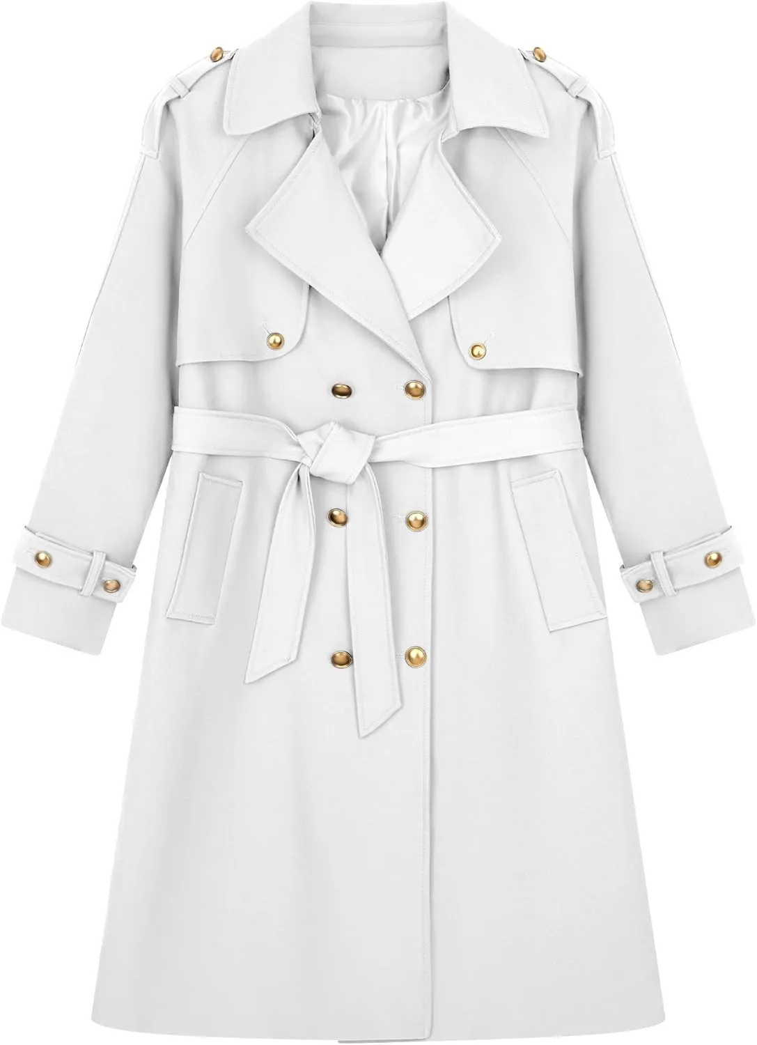 Spring Women's Trench Coat Mid Long, Double Breasted, 43 In. Long, Gold Buttons, Belted, Outerwear, Casual fashion