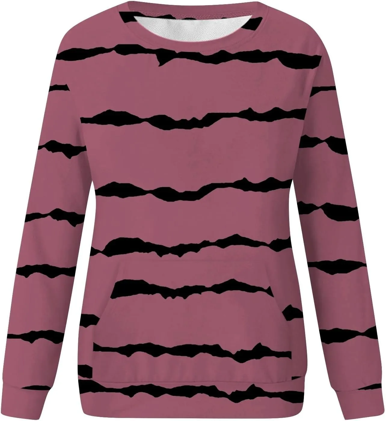 Striped Sweatshirts Women Crewneck Long Sleeve Hoodies Sweatshirt with Kangaroo Pocket Solid Color Pullover Tops