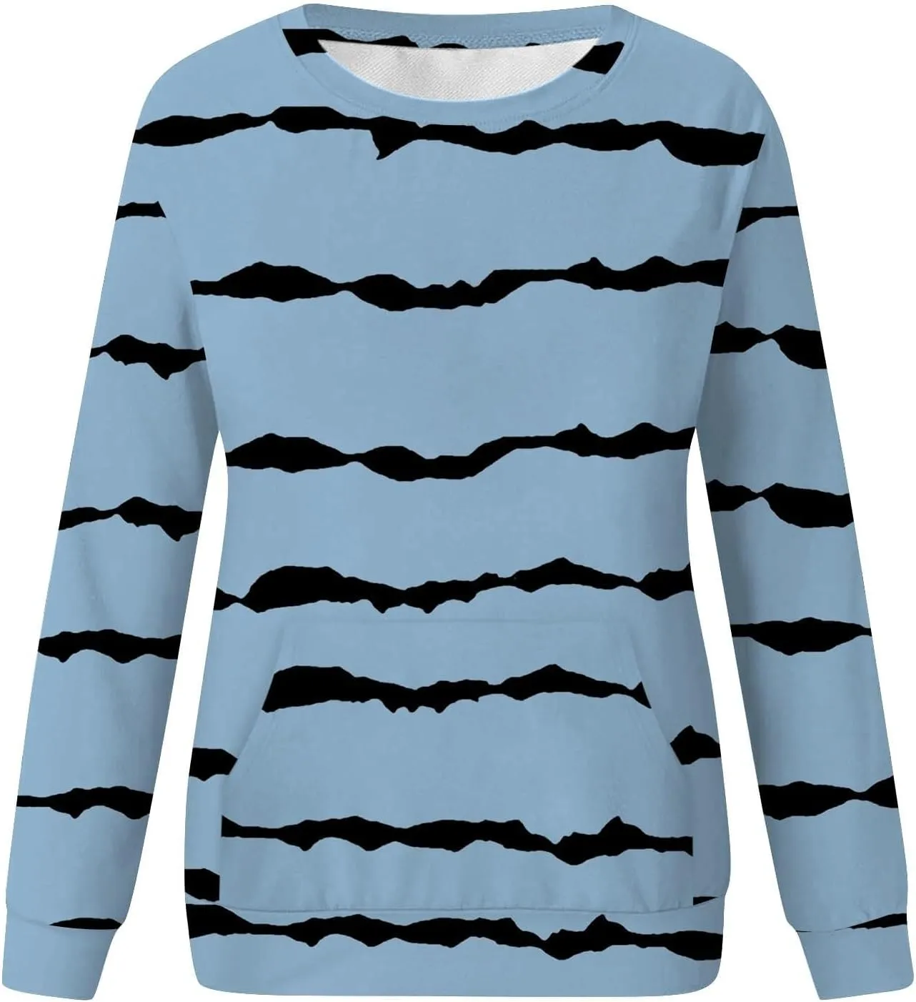 Striped Sweatshirts Women Crewneck Long Sleeve Hoodies Sweatshirt with Kangaroo Pocket Solid Color Pullover Tops