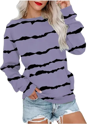 Striped Sweatshirts Women Crewneck Long Sleeve Hoodies Sweatshirt with Kangaroo Pocket Solid Color Pullover Tops